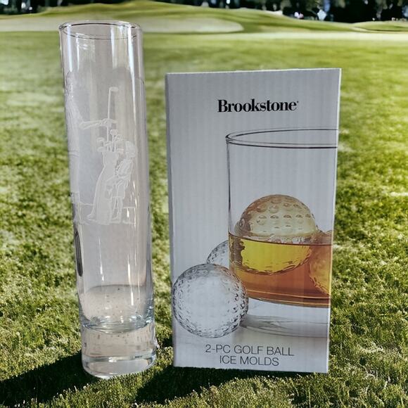Perry Coyle Tall Shot Glass Signed AND Brookstone Golf Shaped Ice Mold Bundle - Picture 1 of 7